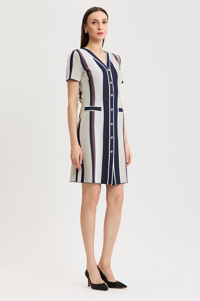 Petite Button-Front Striped Soft Knit Dress, Sunkist Coral/Indigo/Limestone/White | Ming Wang