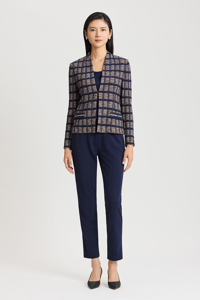 Petite Checkered Knit Jacket, Indigo/Warm Taupe/French Almond | Ming Wang