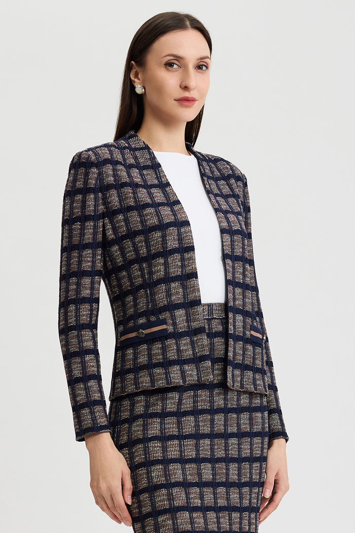 Petite Checkered Knit Jacket, Indigo/Warm Taupe/French Almond | Ming Wang