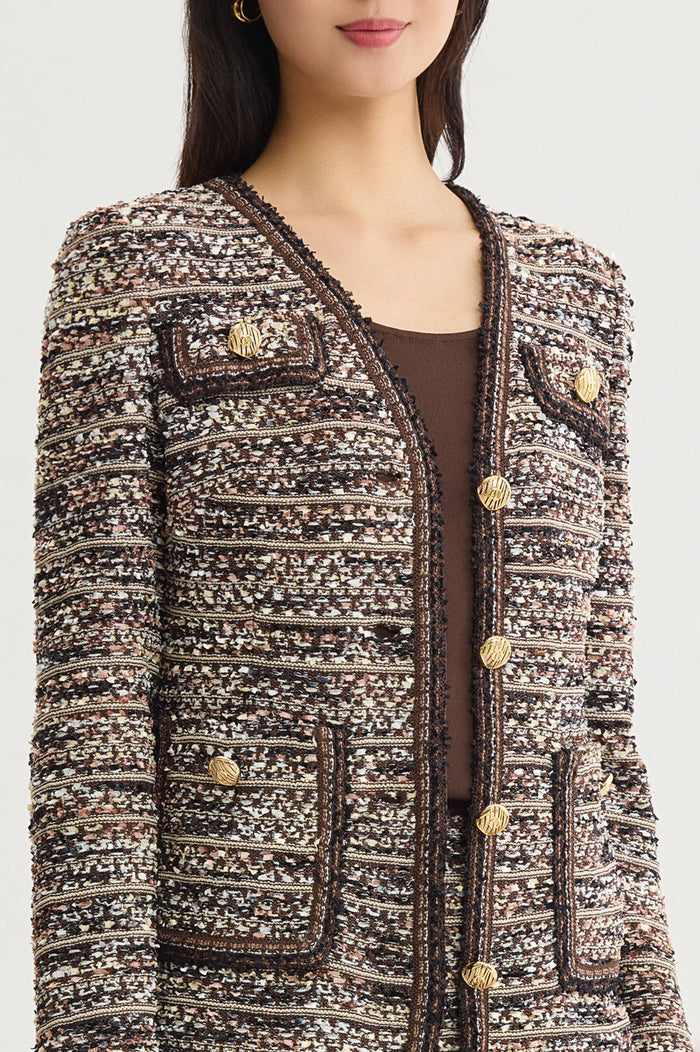 Petite Eyelash Tweed Knit Jacket, Warm Taupe/Dark Umber/Ivory | Ming Wang