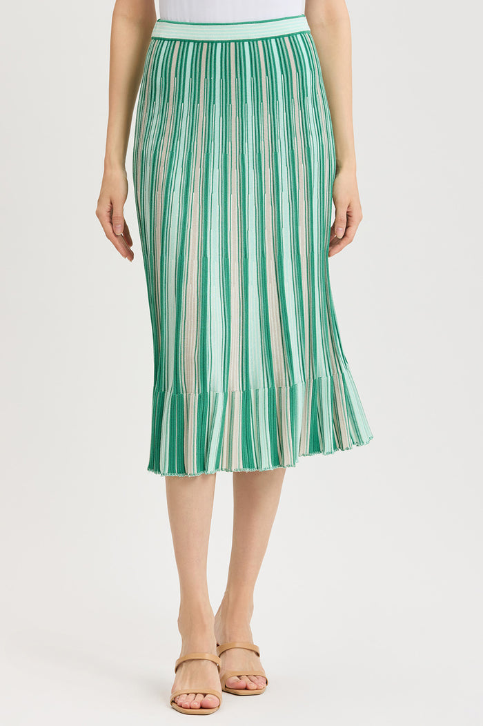 Petite Flared Flounce Soft Knit Midi Skirt, Kelly Green/Eucalyptus/Ivory | Ming Wang