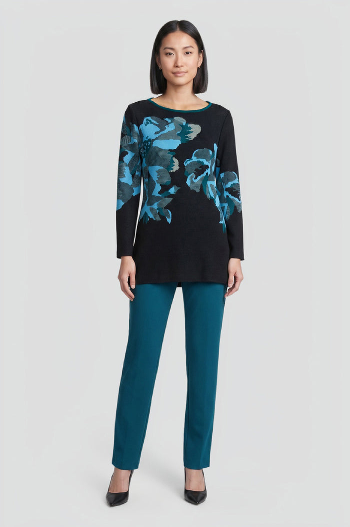 Petite Floral Jacquard Soft Knit Tunic, Deep Teal/Tranquil Blue/French Almond/Black | Ming Wang