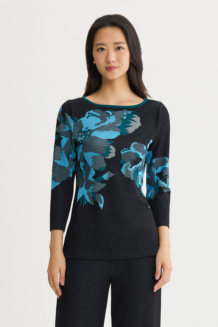 Petite Floral Jacquard Soft Knit Tunic, Deep Teal/Tranquil Blue/French Almond/Black | Ming Wang