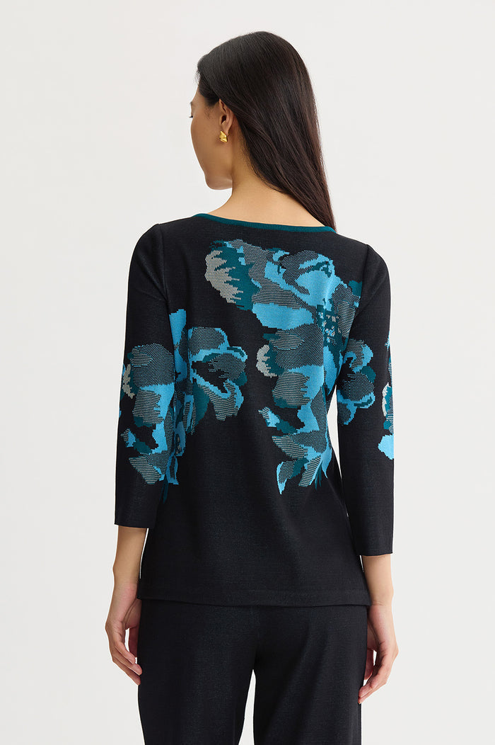 Petite Floral Jacquard Soft Knit Tunic, Deep Teal/Tranquil Blue/French Almond/Black | Ming Wang