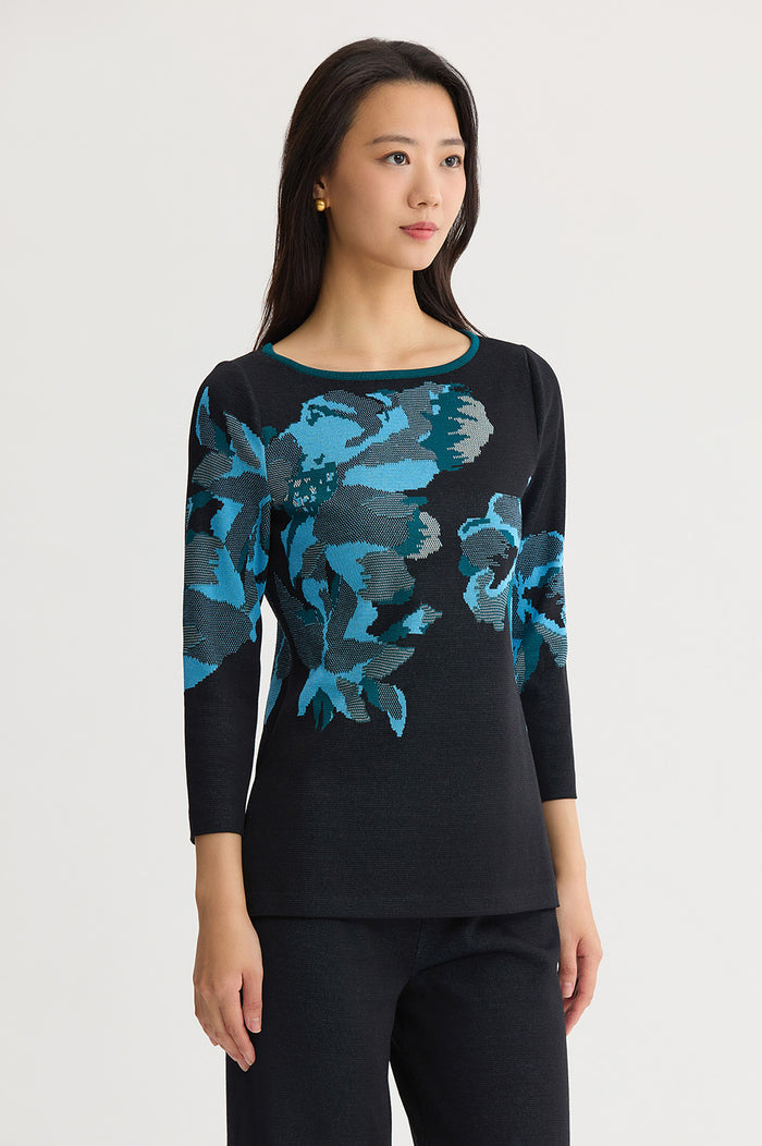 Petite Floral Jacquard Soft Knit Tunic, Deep Teal/Tranquil Blue/French Almond/Black | Ming Wang