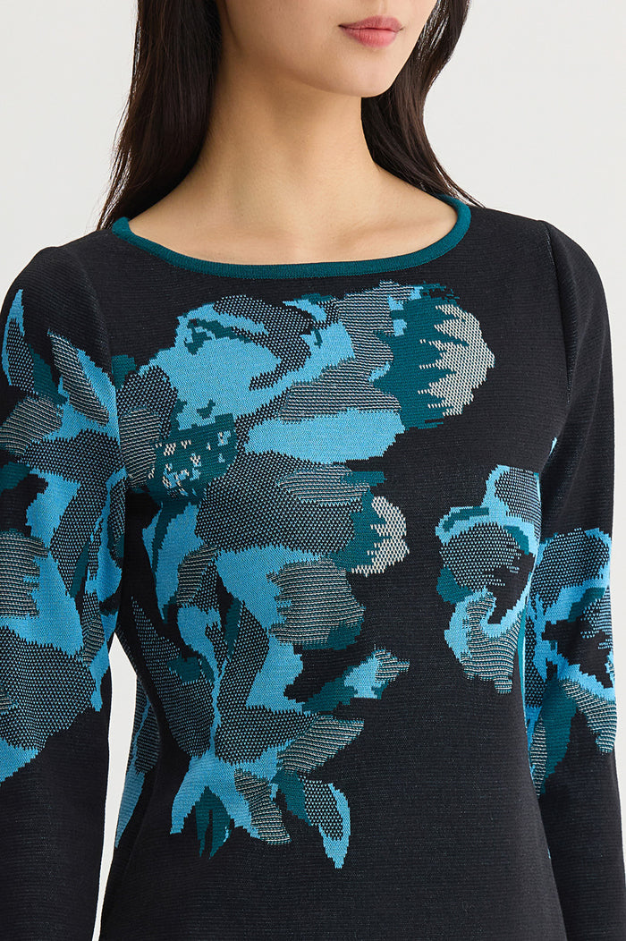 Petite Floral Jacquard Soft Knit Tunic, Deep Teal/Tranquil Blue/French Almond/Black | Ming Wang
