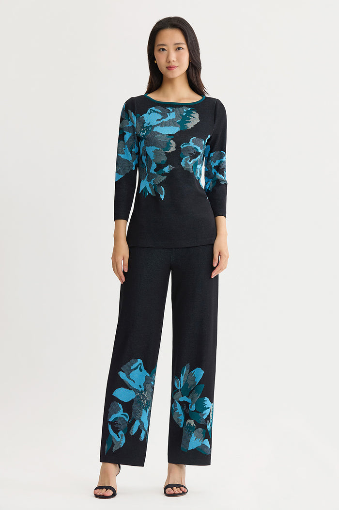 Petite Floral Jacquard Soft Knit Tunic, Deep Teal/Tranquil Blue/French Almond/Black | Ming Wang