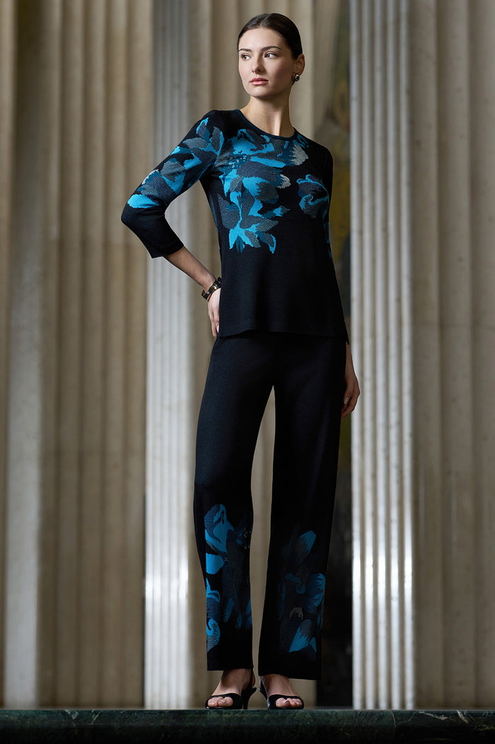 Petite Floral Jacquard Soft Knit Tunic, Deep Teal/Tranquil Blue/French Almond/Black | Ming Wang
