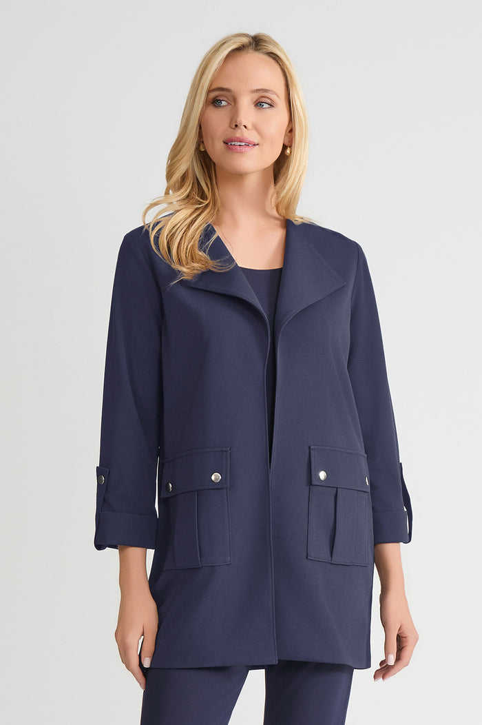 Petite Heritage Lightweight Stretch Deco Crepe Wing Collar Jacket, Indigo, Indigo | Ming Wang