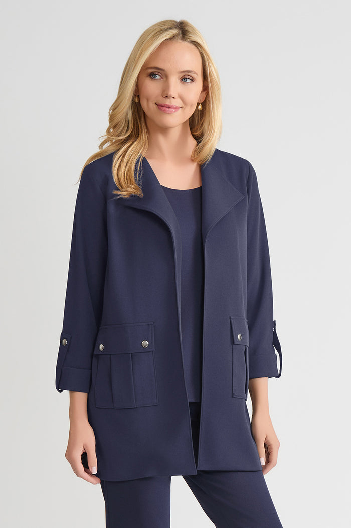 Petite Heritage Lightweight Stretch Deco Crepe Wing Collar Jacket, Indigo, Indigo | Ming Wang