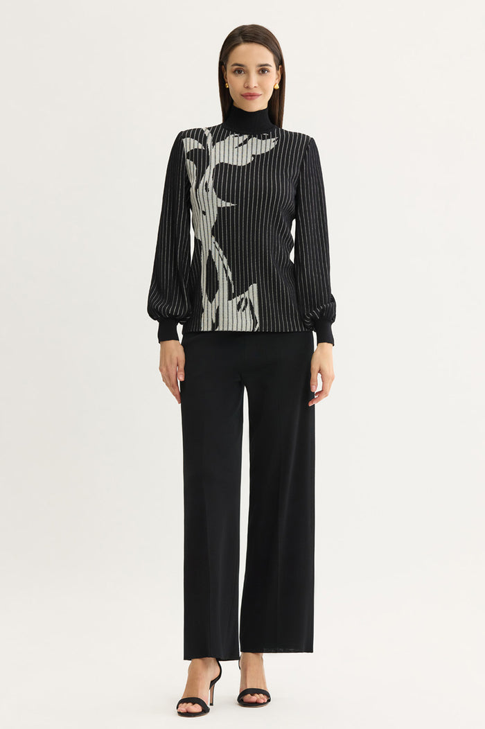 Petite Mock Neck Floral Soft Ribbed Knit Top, Black/Ivory | Ming Wang