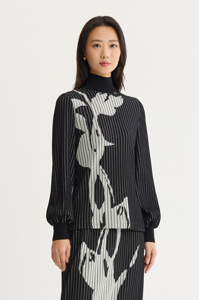 Petite Mock Neck Floral Soft Ribbed Knit Top, Black/Ivory | Ming Wang