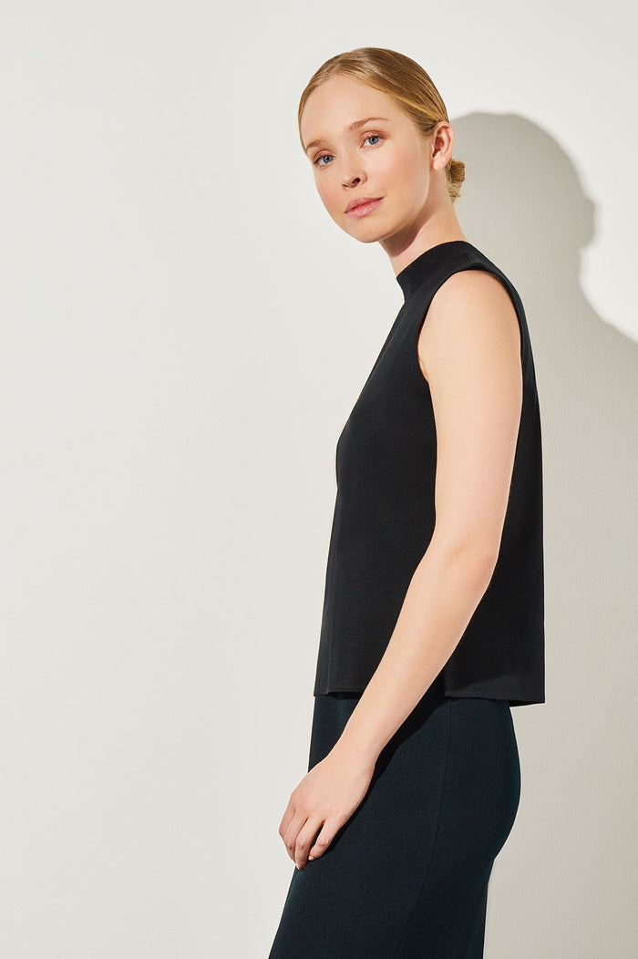 Petite Mock Neck Knit Tank, Black, Black | Ming Wang