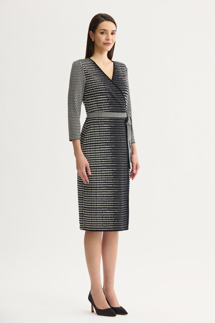 Petite Monochrome Soft Knit Midi Wrap Dress, Black/Ivory | Ming Wang
