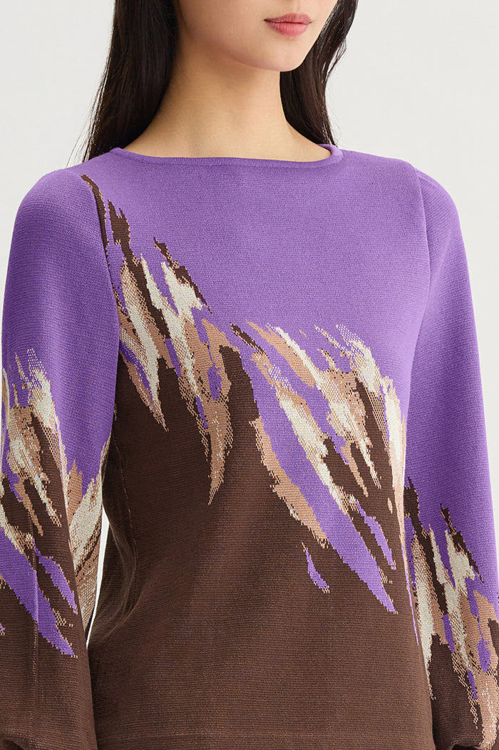 Petite Soft Jacquard Knit Top, Sunset Purple/Dark Umber/Warm Taupe/French Almond/Black | Ming Wang