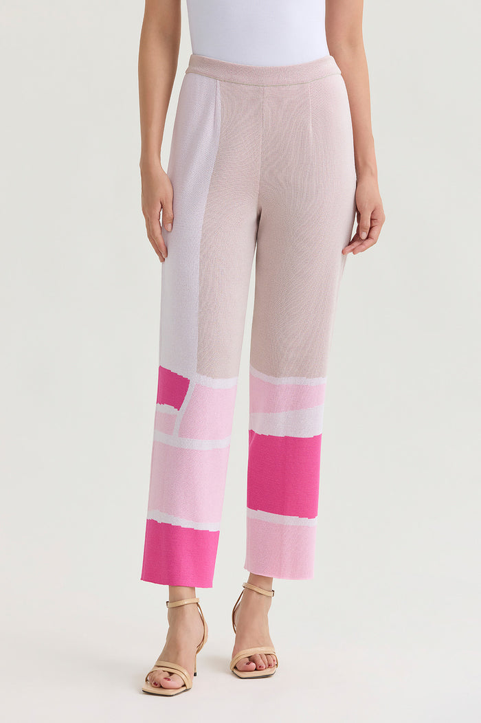 Petite Soft Knit Straight-Leg Colorblock Ankle Pants, Carmine Rose/Perfect Pink/Limestone/White | Ming Wang