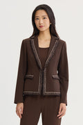 Petite Stretch Deco Crepe Knit Trim Jacket, Dark Umber/Warm Taupe/Ivory | Ming Wang