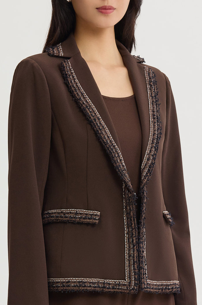 Petite Stretch Deco Crepe Knit Trim Jacket, Dark Umber/Warm Taupe/Ivory | Ming Wang