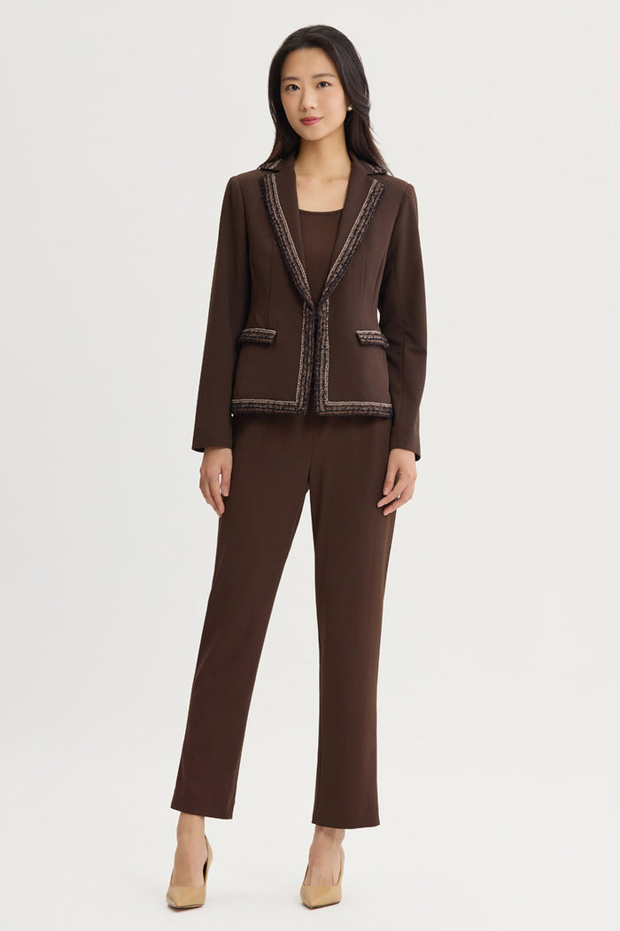 Petite Stretch Deco Crepe Knit Trim Jacket, Dark Umber/Warm Taupe/Ivory | Ming Wang