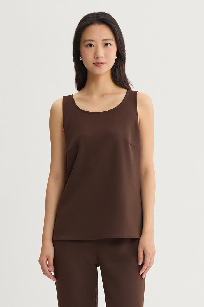 Petite Stretch Deco Crepe Scoop Neck Tank, Dark Umber, Dark Umber | Ming Wang