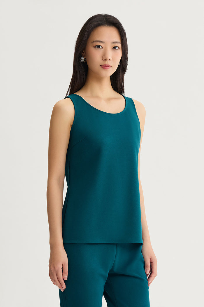 Petite Stretch Deco Crepe Scoop Neck Tank, Deep Teal, Deep Teal | Ming Wang