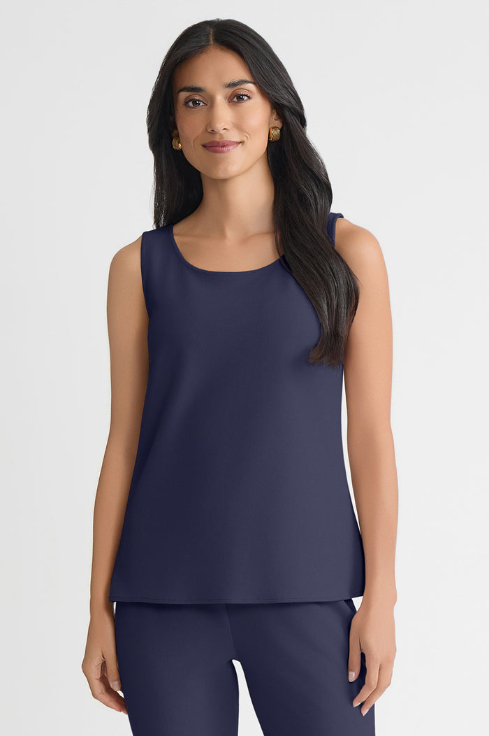 Petite Stretch Deco Crepe Scoop Neck Tank, Indigo, Indigo | Ming Wang