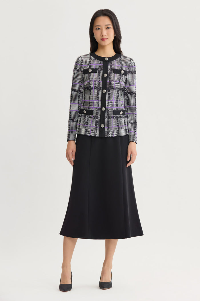 Plaid Tweed Knit Jacket, Black/Ivory/Sunset Purple | Ming Wang