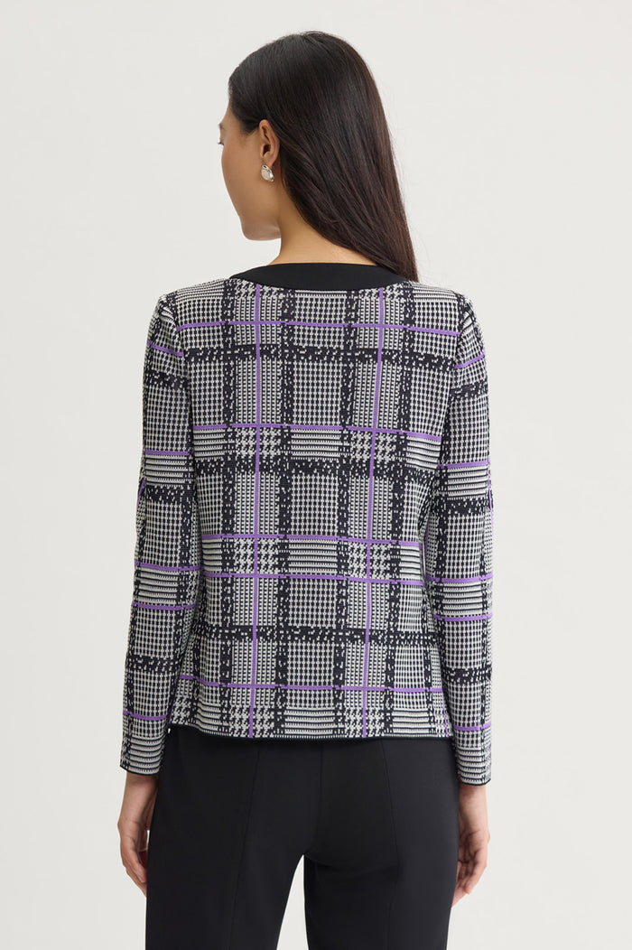 Plaid Tweed Knit Jacket, Black/Ivory/Sunset Purple | Ming Wang