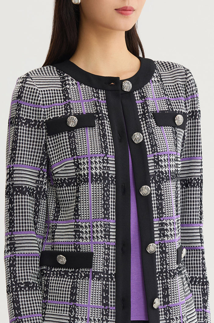 Plaid Tweed Knit Jacket, Black/Ivory/Sunset Purple | Ming Wang