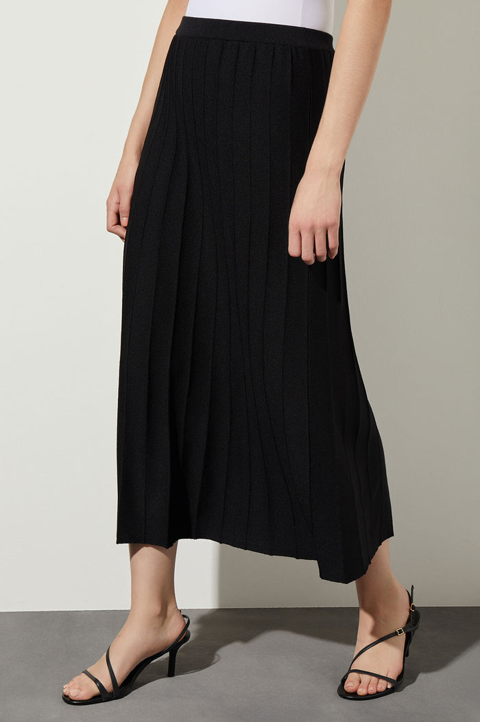Pleated Soft Knit Maxi Skirt, Black | Ming Wang