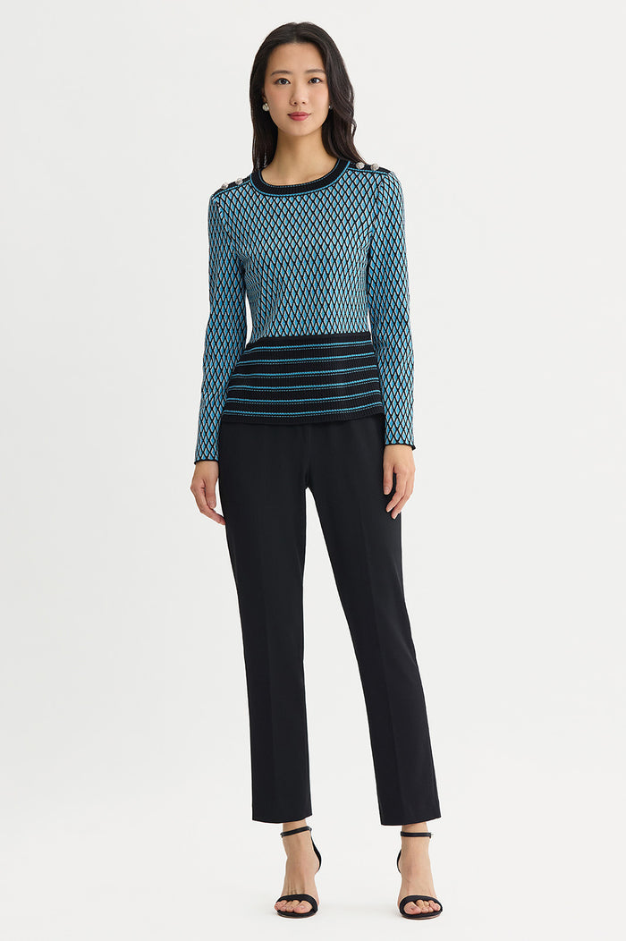 Plus Size Diamond Pattern Soft Ribbed Knit Top, Tranquil Blue/Lunar Rock/Black | Ming Wang