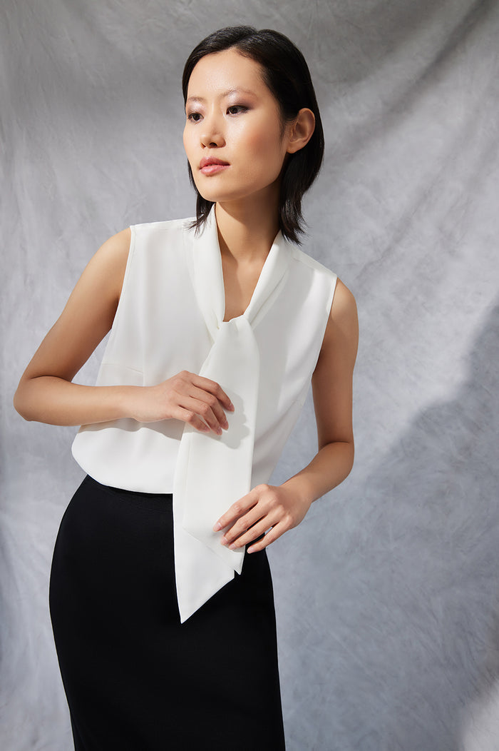 Plus Size Drape Tie-Neck Crepe de Chine Blouse, White, White | Ming Wang