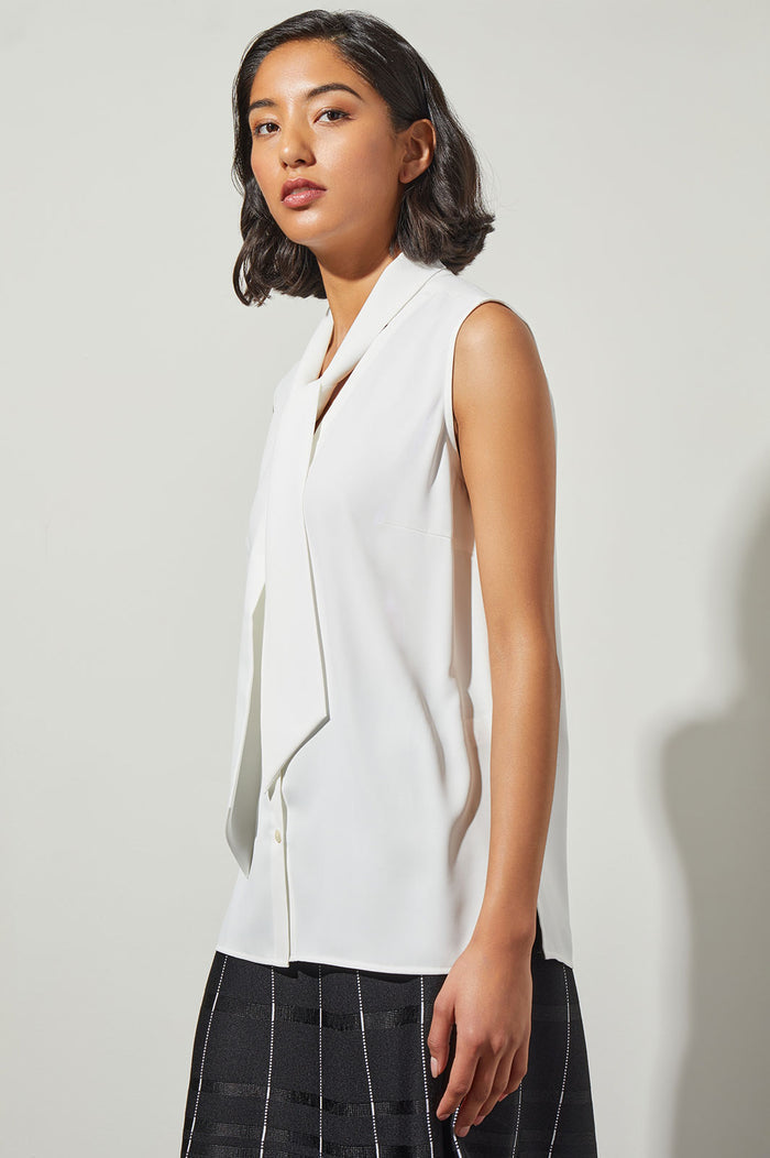 Plus Size Drape Tie-Neck Crepe de Chine Blouse, White | Ming Wang