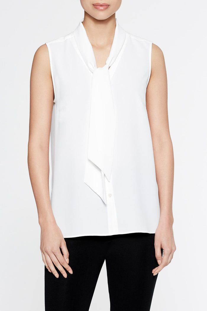 Plus Size Drape Tie-Neck Crepe de Chine Blouse, White | Ming Wang
