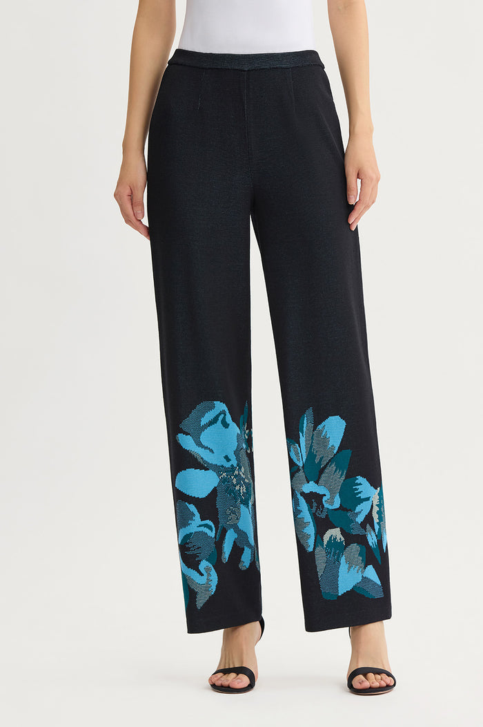 Plus Size Floral Jacquard Soft Knit Pant, Deep Teal/Tranquil Blue/French Almond/Black | Ming Wang