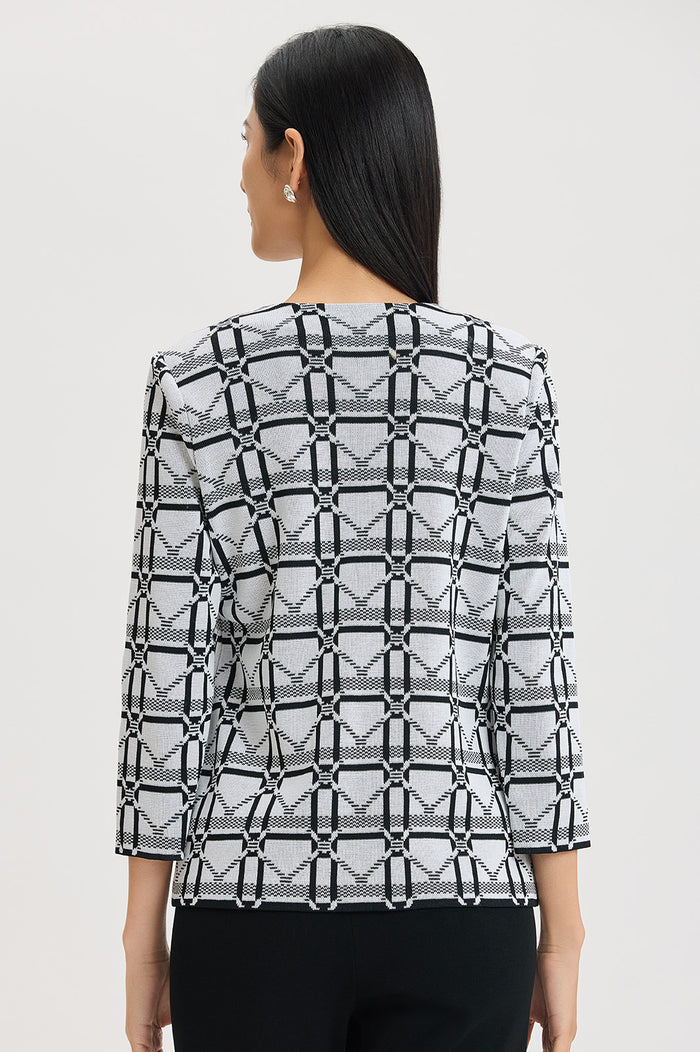 Plus Size Heritage Monochrome Geometric Knit Jacket, Ivory/Black | Ming Wang