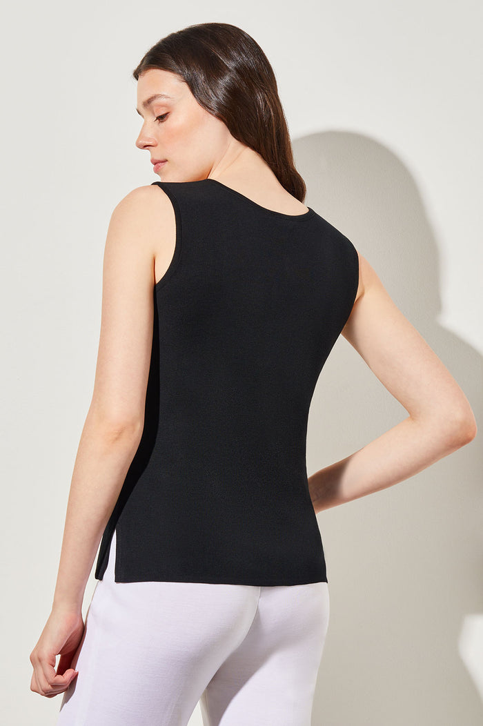 Plus Size Mid-Length Scoop Neck Knit Tank, Black | Ming Wang