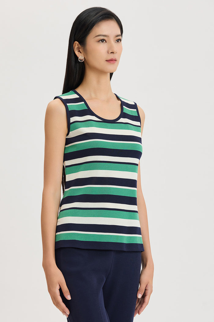 Plus Size Mid-Length Stripe Scoop Neck Knit Tank, Indigo/Kelly Green/Ivory | Ming Wang