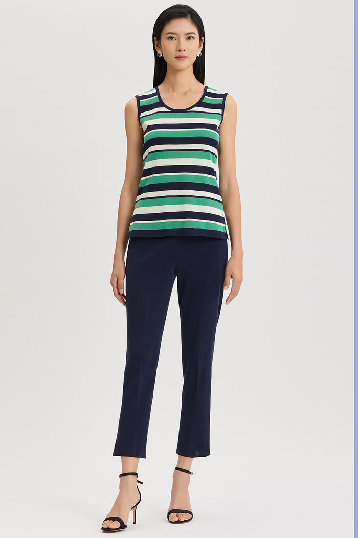 Plus Size Mid-Length Stripe Scoop Neck Knit Tank, Indigo/Kelly Green/Ivory | Ming Wang