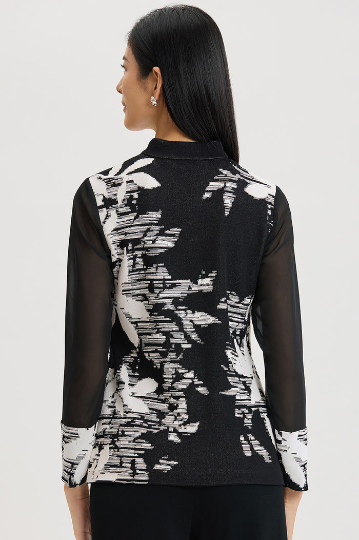 Plus Size Mixed-Media Floral Jacquard Knit Tunic, Black/White | Ming Wang