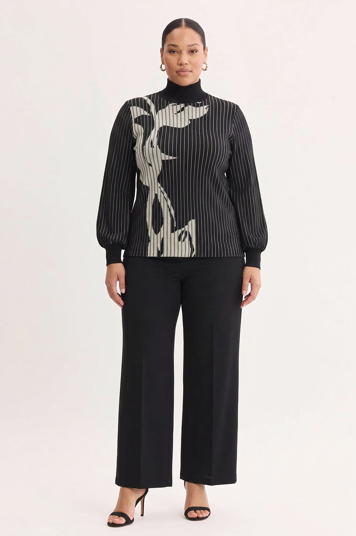 Plus Size Mock Neck Floral Soft Ribbed Knit Top, Black/Ivory | Ming Wang