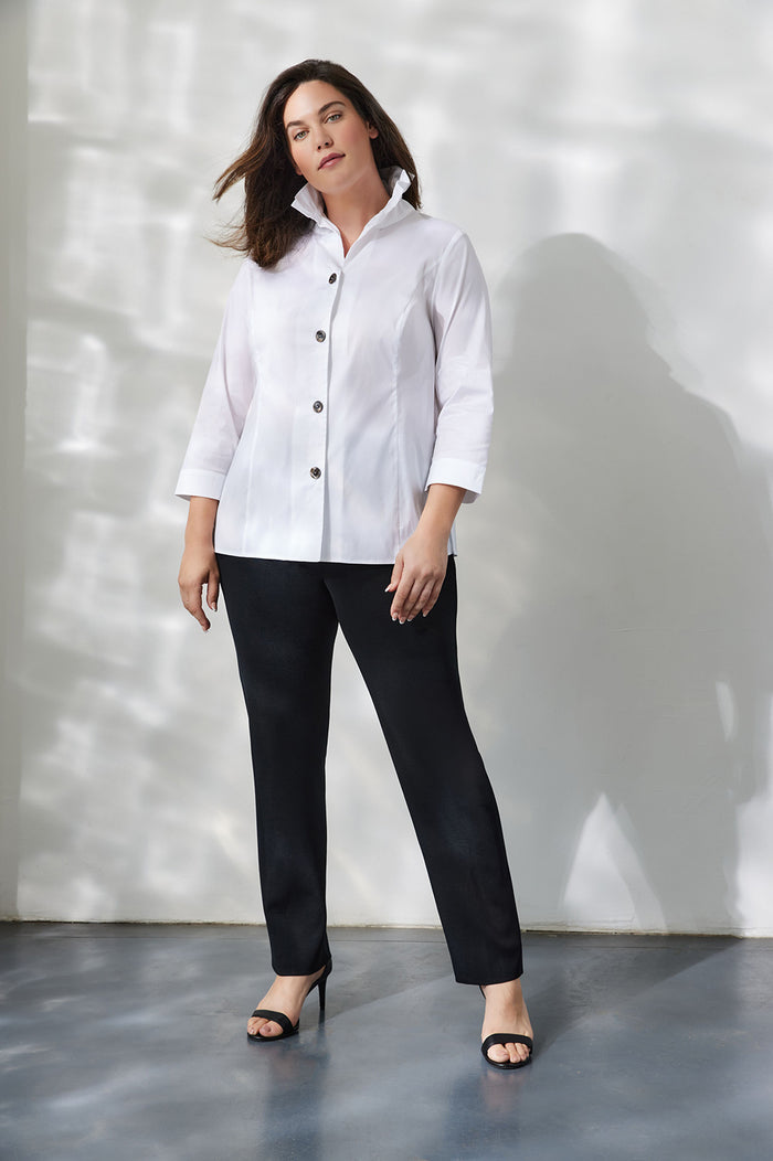 Plus Size Ruffle Neck Button-Front Cotton Poplin Blouse | Ming Wang