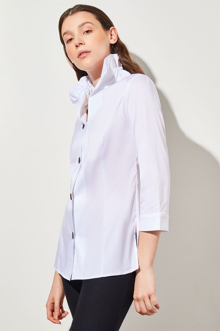 Plus Size Ruffle Neck Button-Front Cotton Poplin Blouse | Ming Wang