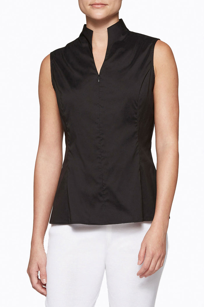 Plus Size Sleeveless Zip-Up Stretch Cotton Shirt, Black | Ming Wang