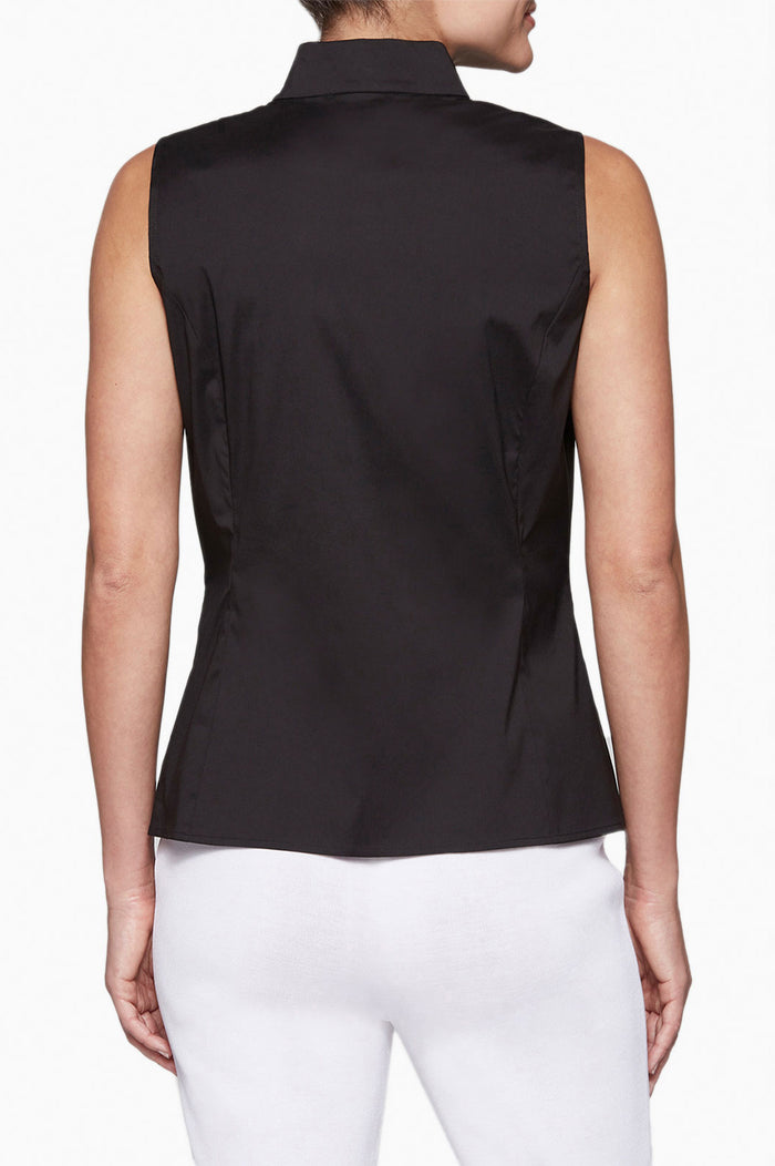 Plus Size Sleeveless Zip-Up Stretch Cotton Shirt, Black | Ming Wang