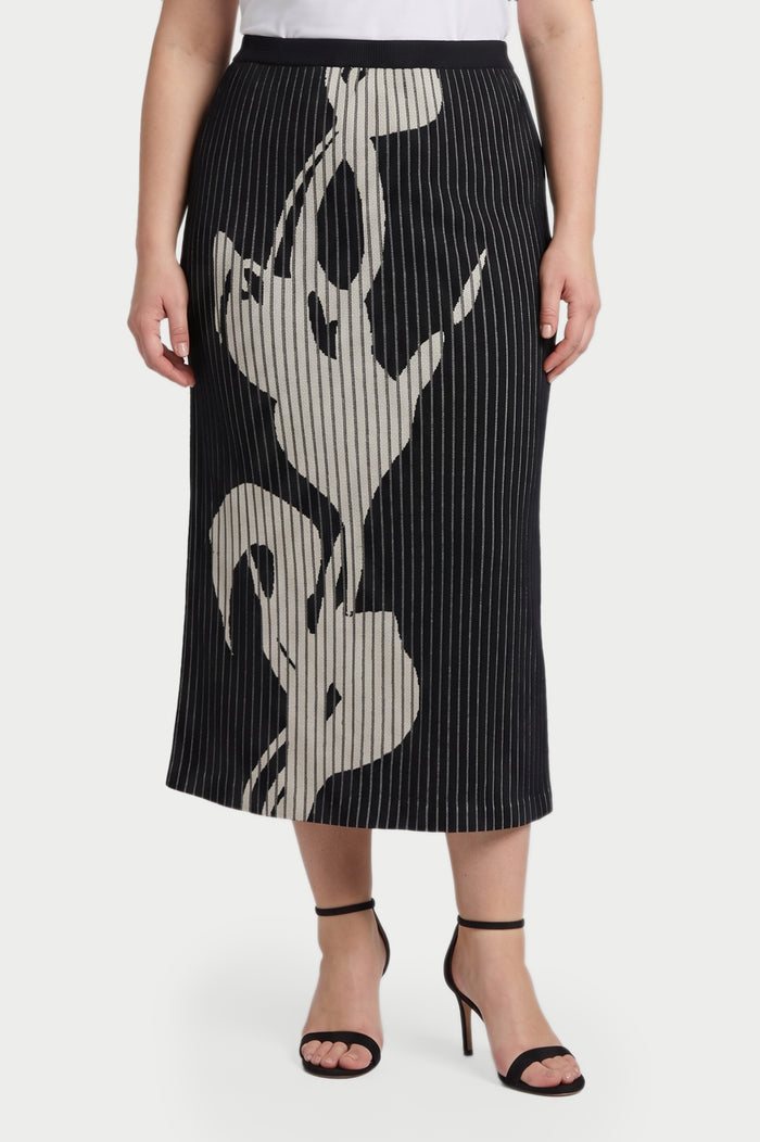 Plus Size Straight Floral Soft Ribbed Knit Maxi Skirt, Black/Ivory | Ming Wang