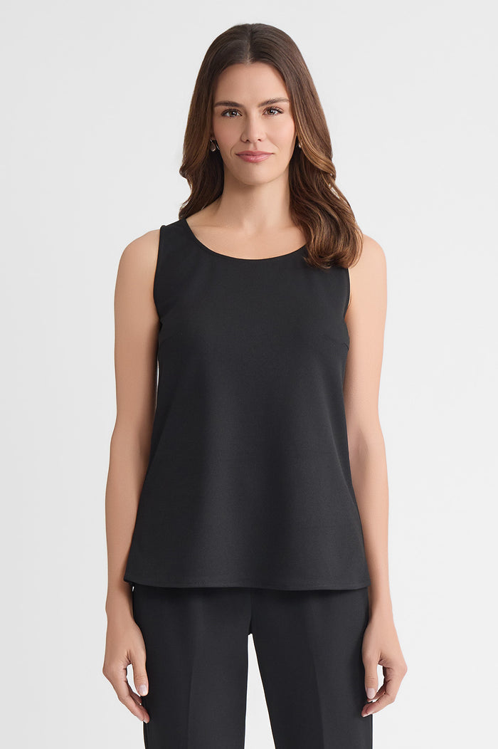 Plus Size Stretch Deco Crepe Scoop Neck Tank, Black, Black | Ming Wang