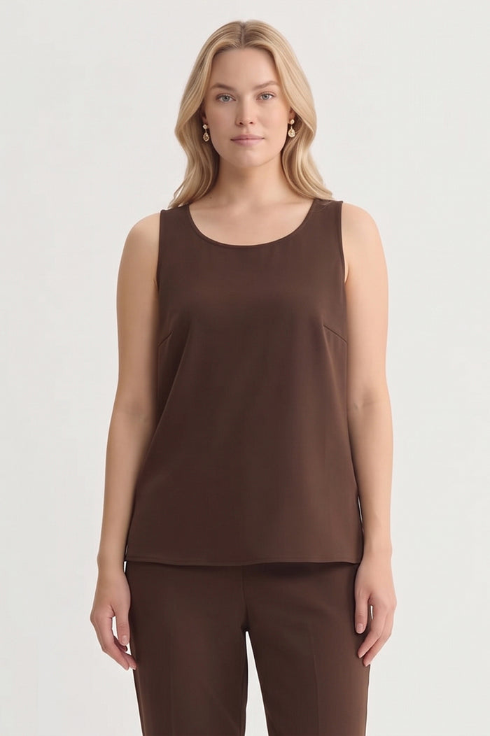 Plus Size Stretch Deco Crepe Scoop Neck Tank, Dark Umber, Dark Umber | Ming Wang