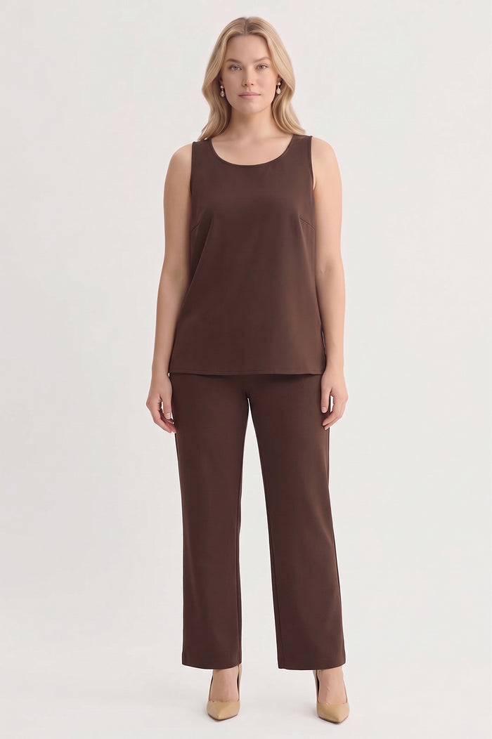 Plus Size Stretch Deco Crepe Scoop Neck Tank, Dark Umber, Dark Umber | Ming Wang