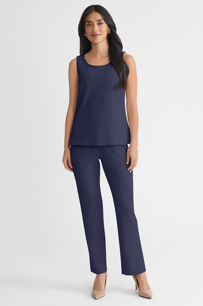 Plus Size Stretch Deco Crepe Scoop Neck Tank, Indigo, Indigo | Ming Wang